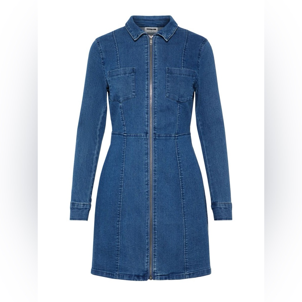 Denim Fitted Shirt Dress Full Zipper Long Sleeve Sz 6 Breast Pockets 70s Style